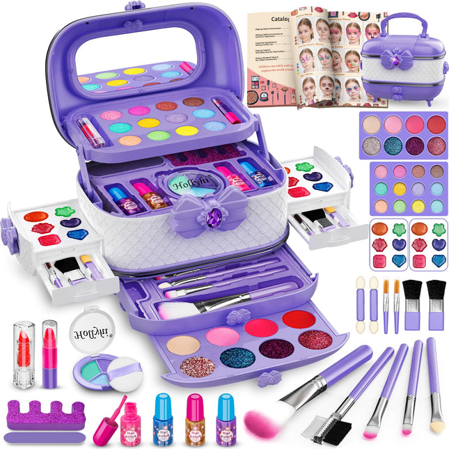 Hollyhi 58 Pcs Kids Makeup Kit for Girl, Princess Toys Real Washable Cosmetic Se