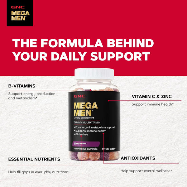 GNC Mega Men Multivitamin Gummy for Men - Energy, Metabolism, & Immune Support, Mixed Berry, 120 Count 120 Count (Pack of 1)