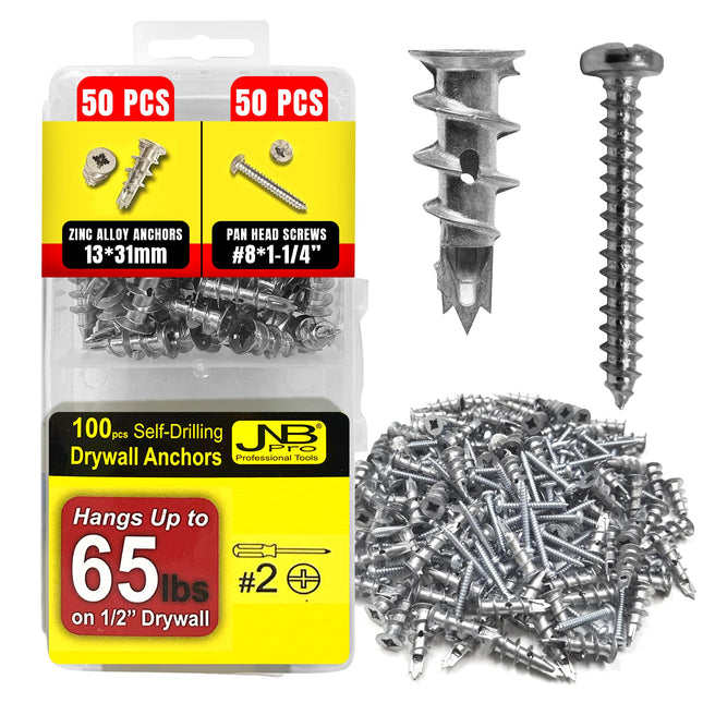 100 Pieces Zinc Dry Wall Anchors and Screws Kit Metal - 50 Pcs Self Drilling Anchors and 50 Pcs #8 x 1-1/4" Screws, Heavy Duty 65lb Capacity, No
