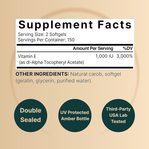 Naturebell Vitamin E Oil Softgels, 1,000 IU per Serving, 300 Pills | Essential Antioxidant Supplements, Easily Absorbed Form Ã¢ÂÂ Supports Skin,