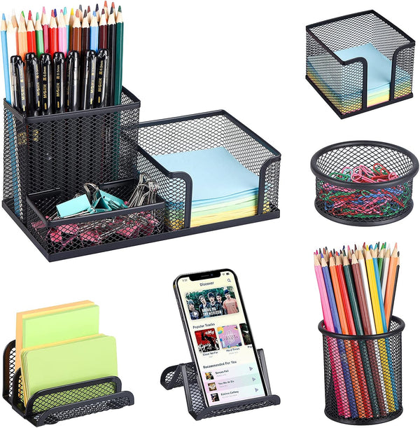 Pen Holder for Desk, 6 Pieces Mesh Desk Organizer Set 3 Compartments Pens Holder, Mail Organizer Letter Holder Home Office Supplies Caddy Storage