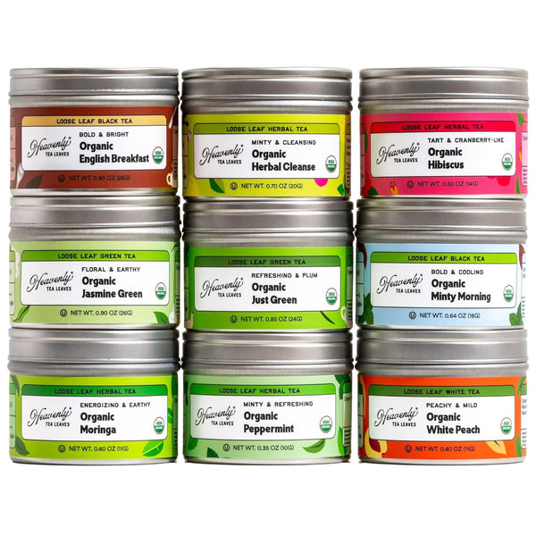 Heavenly Tea Leaves Organic 9 Flavor Variety Pack, Loose Leaf Tea Sampler | Approximately 90 Cups, Assorted Black, Green, White, Rooibos, & Herbal