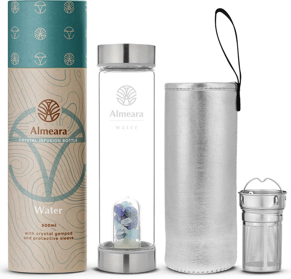 Almeara Crystal Water Bottle with Authentic Lapis Lazuli, Opal Stones & Aquamarine Removable Gemstones, Loose Leaf Tea Infuser - Relaxation,