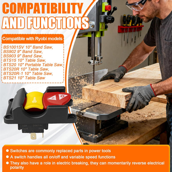Table Saw Switch Replacement Compatible with Ryobi and Craftsman, Paddle On/Off Switch for Table Saw 125V/250V
