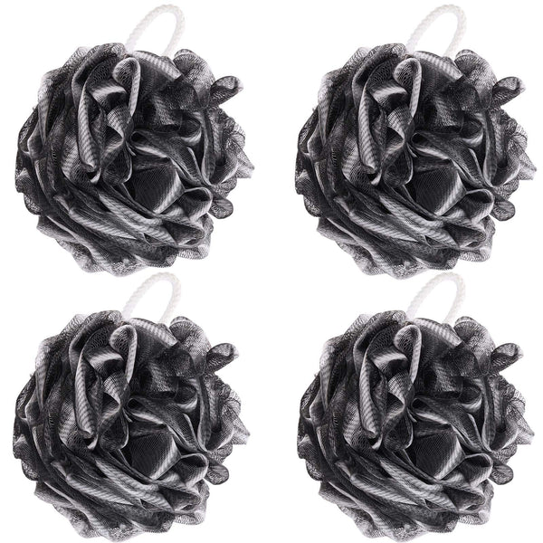 BTYMS 4 Pieces Shower Loofahs Bath Scrunchies 75g/pcs Large Bath Sponge Body Loofahs Shower Pouf Mesh Pouf for Bathing Black 1 Count (Pack of 4)