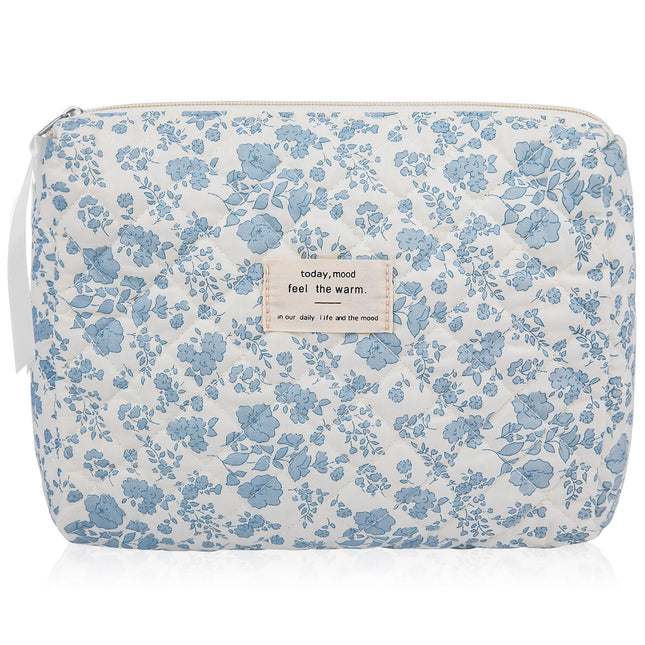 Floral Makeup Bag, Large Cosmetic Bag for Women Girls, Cute Cotton Make up Pouch