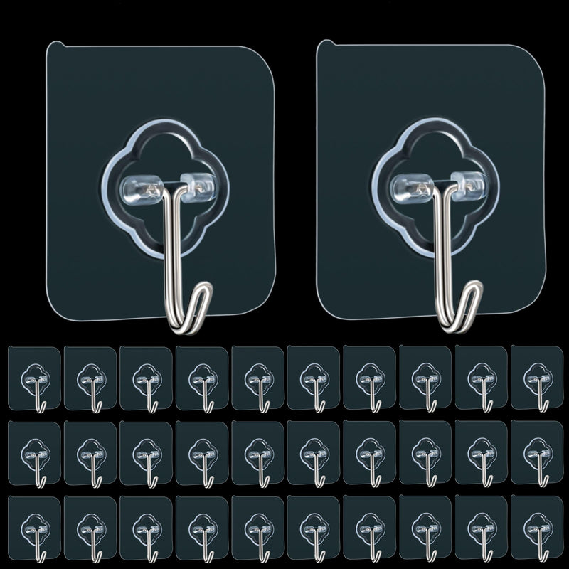 Adhesive Hooks, 32 Pack 33Lb(Max) Sticky Hooks, Transparent Reusable Removable Adhesive Hooks for Hanging, Wall Hooks for Hanging Can Be Use for