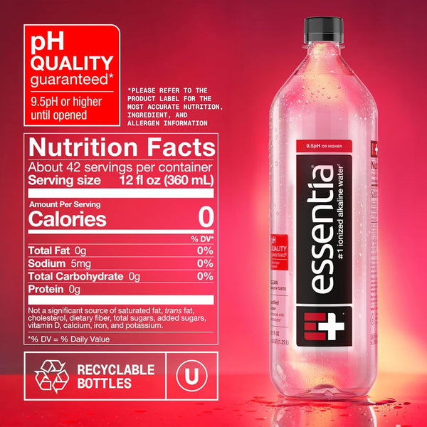 Essentia Water LLC , 99.9% Pure, Infused with Electrolytes for a Smooth Taste, pH 9.5 or Higher; Ionized Alkaline Water, Black, 42.3 Fl Oz (Pack