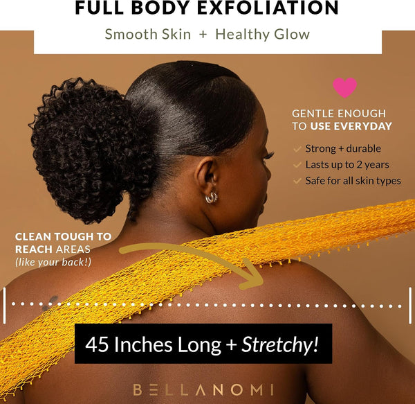 BELLANOMI African Exfoliating Net Sponge, Authentic, Ethically sourced from Nigeria, 45 inches Long, Back Scrubber for Daily use (Yellow)