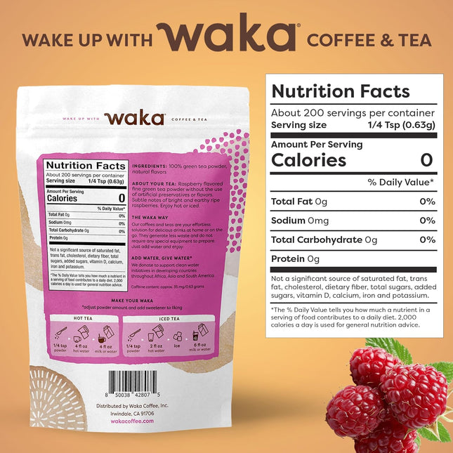 Waka Instant Green Tea Mix, Raspberry Flavored - 100% Tea Leaves, No Additives, 