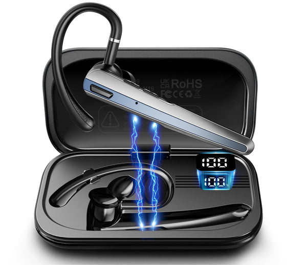 Bluetooth Headset with Microphone, Wireless Earpiece with Charging Case for Cellphones, PC, Single Ear Headset with Mute for Trucker Driver,