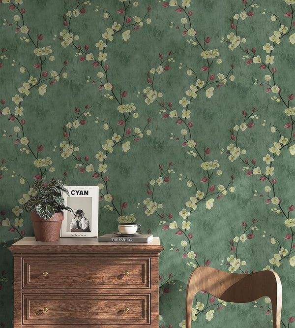 Safiyya 118"x17.7" Green Floral Peel and Stick Wallpaper Vintage Contact Paper Removable Self-Adhesive Wall Paper for Bedroom Vinyl Roll 17.7" x 118"