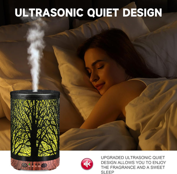Essential Oil Diffuser 120ML Metal Aromatherapy Diffuser, Cool Mist Humidifier with Auto Shut-Off Protection 7 Color Lights for Home Office Spa (Tree)