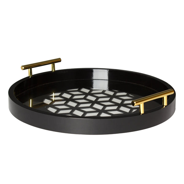 Kate and Laurel Caspen Round Cut Out Pattern Decorative Tray with Gold Metal Handles, Black 15.5" Black