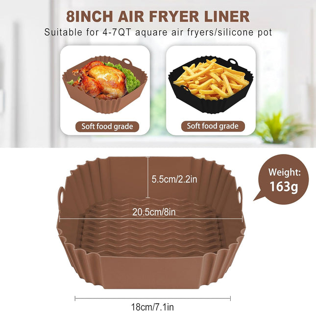 2 PCS Square Silicone Air Fryer Liners - 8 Inch Reusable Air Fryer Pot - Air Fryer Accessories - Air Fryer Inserts for 4