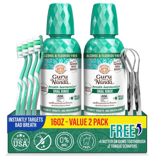 GuruNanda Fresh Breath Mouthwash – 12-Hour Fresh Breath & Helps Fight Bad Breath – ADA Accepted, Alcohol & Fluoride-Free Oral Rinse, Wild Mint -