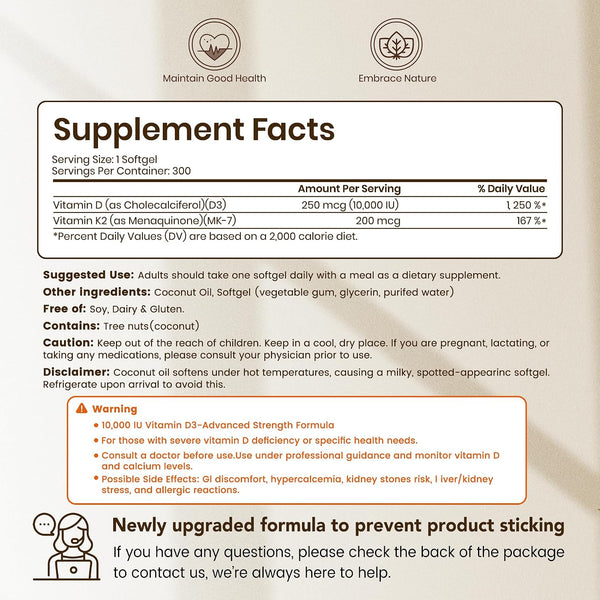 VEV Corefeel Vitamin D3 K2 10,000 IU, 200 mcg MK-7, 300 Coconut Oil Softgels, 2 in 1 Vitamins Supplement D & K (Include MK7), Easy to Swallow,