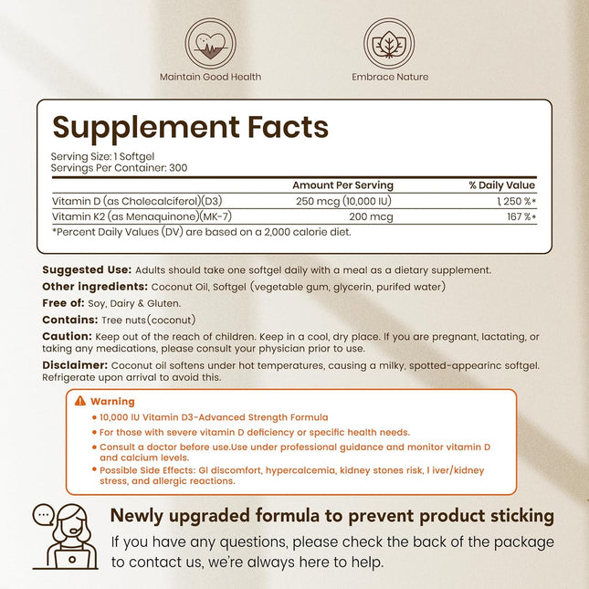 VEV Vitamin D3 Con K2 10000 IU, 300 Virgin Coconut Oil Softgels, 2 in 1 Vitamins