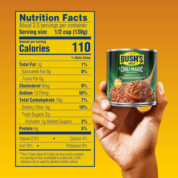 BUSH'S BEST 15.5 oz Canned Chili Magic Chili Beans Starter Campfire Style, Source of Plant Based Protein and Fiber, Low Fat, Gluten Free, (Pack of
