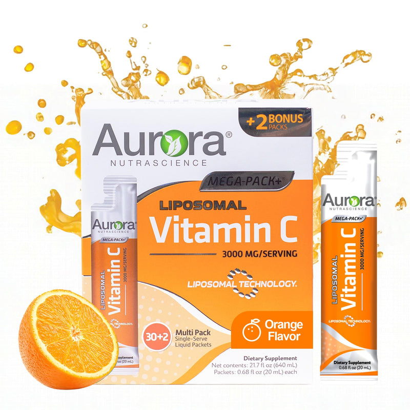 Aurora Nutrascience Mega-Pack Liposomal Vitamin C, Immune Support, 3,000 Mg per Serving, Vegan, Gluten Free, Non-Gmo, 32 Single Serve Packets, Orange