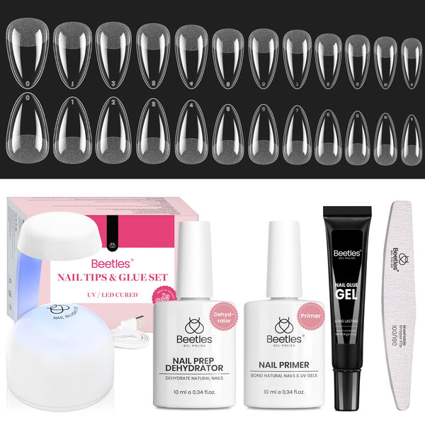 Beetles Gel Nail Kit Short Almond, with Dehydrator and Primer | 576Pcs Half Matte Etch-X Gel Nail Tips Solid Nail Glue Mini Lamp Acrylic Tips DIY