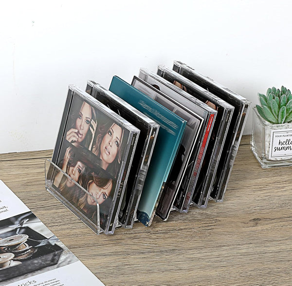 Hipiwe Clear CD Holder - 7 Slot CD Storage Box CD DVD Display Rack Tray Holds up to 14 Standard CD Cases, Tabletop Plastic File Divider for paper