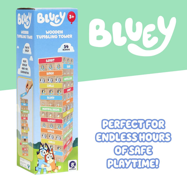 Bluey 8th Wonder Stackable Tumbling Tower Game, Robust Wooden Stacking Game with 54 Illustrated Colored Blocks, Fun Balancing Toy for Kids Ages 3+
