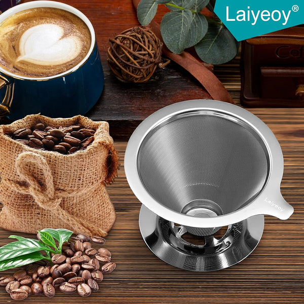 Laiyeoy Pour Over Coffee Dripper, Slow Drip Paperless Coffee Filter, Stainless Steel Pour Over Coffee Maker for Single Cup Brew, Double Mesh