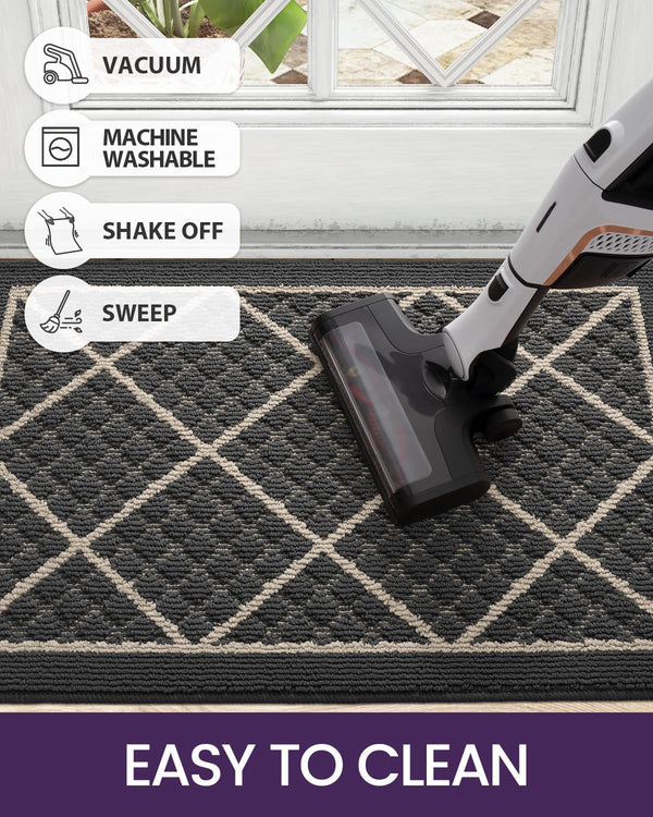 DEXI Front Door Mat Indoor Entryway 17x30 Inside Entrance Doormat Dark Grey | Non Slip Low Profile Thin Absorbent Washable Entry Mats for House