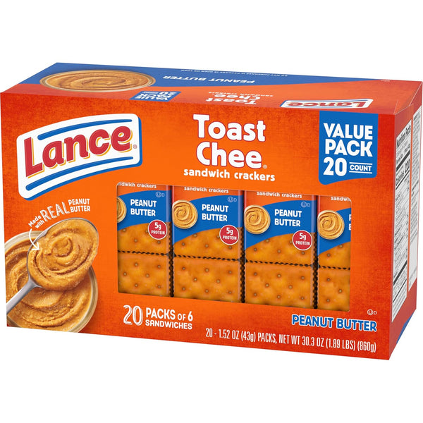 Lance Sandwich Crackers, ToastChee Peanut Butter, 20 Individually Wrapped Packs, 6 Sandwiches Each Toastchee Peanut Butter 1.52 Ounce (Pack of 20)
