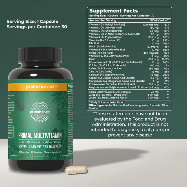 Primal Harvest Primal Multivitamin - Daily Multi-Vitamin Supplement with 21 Esse