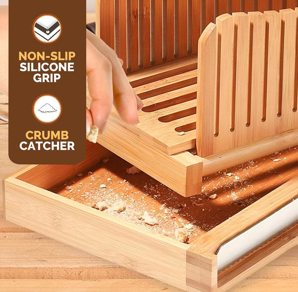 Bread Slicer for Homemade Bread - Bamboo Bread Slicer with Knife, Foldable Bread Slicing Guide with 3 Adjustable Thickness, Crumb Tray, Bread