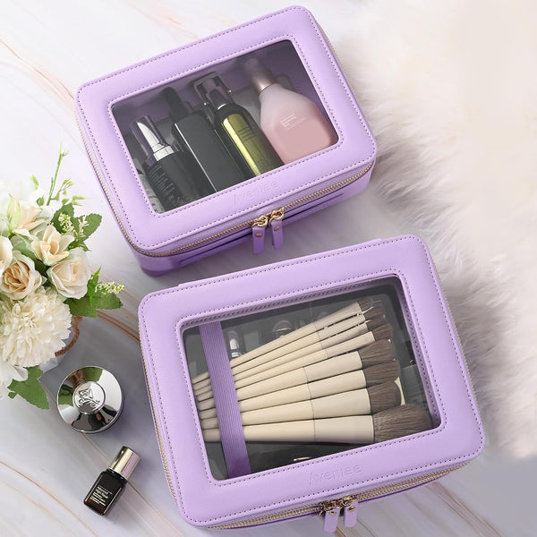 Aveniee Clear Makeup Bags, Double Layer Cosmetic Bags with a Separate Brush Compartment, Large Travel Toiletry Bag Train Case for Women, Travel