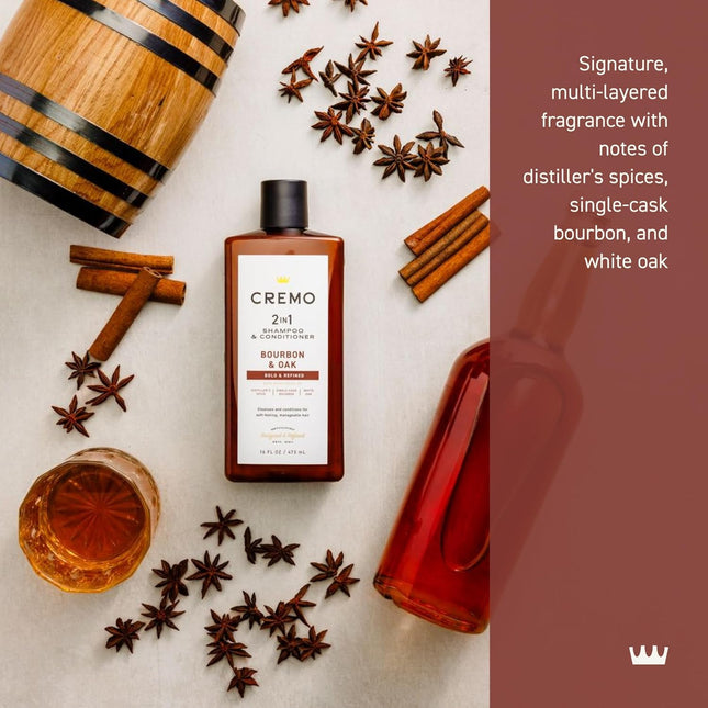 Cremo Bourbon & Oak 2 in 1 Shampoo & Conditioner for Men, a Sophisticated Blend 