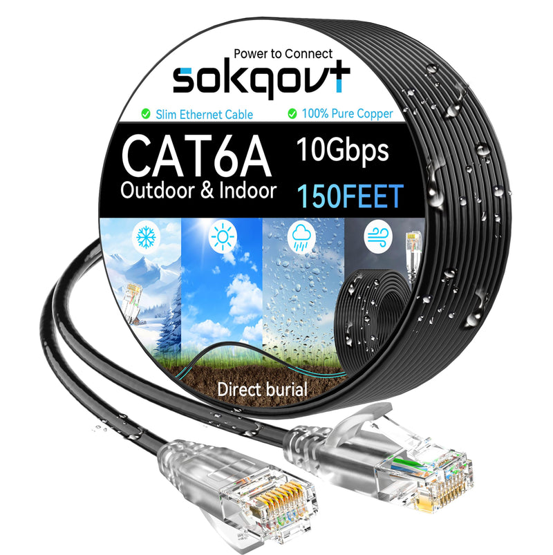 Cat6A Ethernet Cable Slim 150Ft Outdoor&Indoor, 28AWG Pure Copper Cat6 Internet Cable for Waterproof & Direct Burial, Flexible Cat6 Ethernet Cable