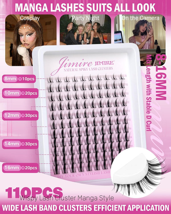 Fairy Lash Clusters Natural Look Manga Eyelash Clusters Wispy D-Curly Cluster Eyelash Extensions 110 Pcs 8-16MM Wispy Individual Lashes Wet-Look