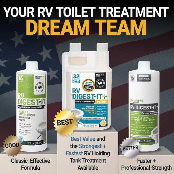 Unique RV Digest-It+ Extra-Strength Ultra-Concentrate - 32 RV Toilet Treatments - Eliminates Smells and Liquifies Waste (32 Oz)