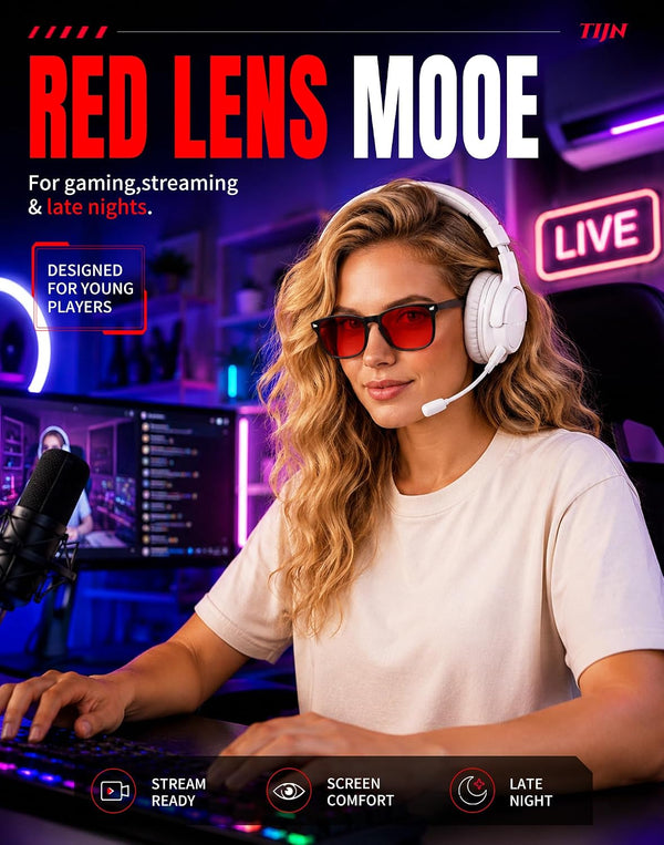 TIJN Sleep Glasses with Blue Green Light Blocking, Red Light Lens for Computer Gaming, Screen Fatigue & UV Protection Black Red