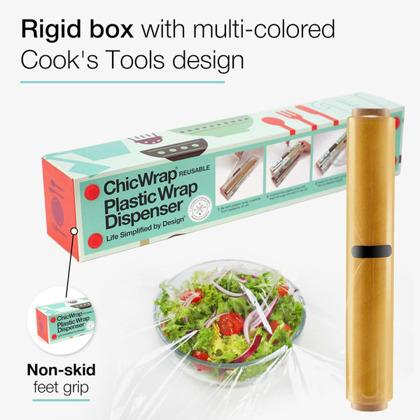 Chicwrap Cook's Tools Refillable Plastic Wrap Dispenser - One 12" x 250' Roll of Professional Grade Plastic Wrap - BPA Free and Kosher Certified -