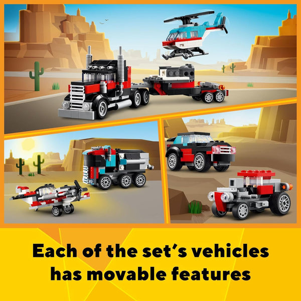 LEGO Creator 3 in 1 Flatbed Truck with Helicopter Toy, Transforms from Flatbed Truck Toy to Propeller Plane to Hot Rod and SUV Cars, Gift Idea for