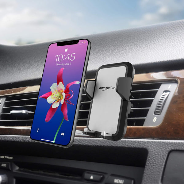 Amazon Basics Universal Portable Smartphone Holder for Car, Air Vent Mount, 360° Rotation, Easy to Install, One-Handed Release, Adjustable and