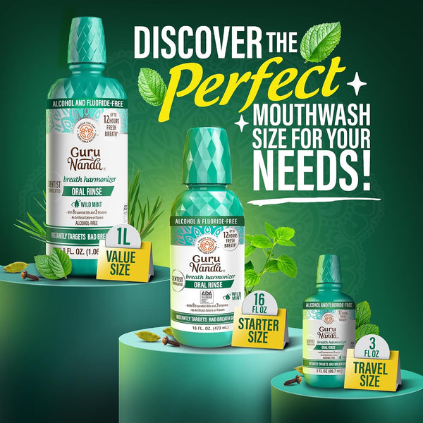 GuruNanda Fresh Breath Mouthwash – 12-Hour Fresh Breath & Helps Fight Bad Breath – ADA Accepted, Alcohol & Fluoride-Free Oral Rinse, Wild Mint -