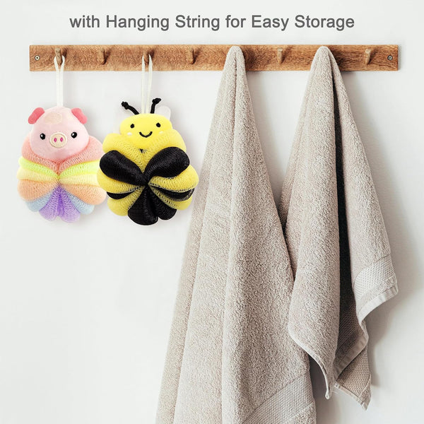 Bath Sponges 2Pieces Cute Cartoon Animal Bath Loofahs Pouf Mesh Balls Body Scrubber Bathing Accessories Gifts for Women (Bee + Pig)