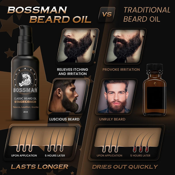 Bossman Organic Mustache & Beard Oil for Men, 2 oz – Natural Beard Moisturizer with Jojoba, Argan & Avocado Oils (Stagecoach Scent)