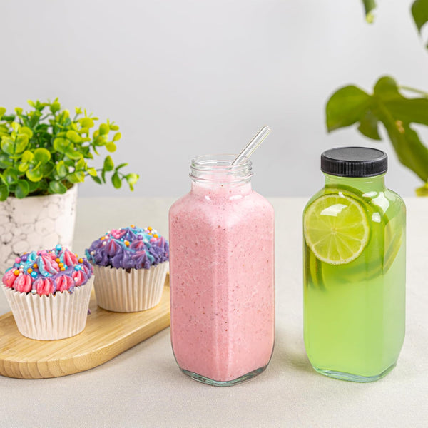 umud Juice Bottles with Lids, 16 Oz, Set of 3 | Clear Glass Jars with Caps, Reusable Empty Drink Containers, For Juicing, Smoothies, Water, Milk,