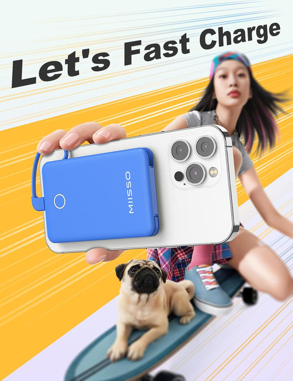 miisso 6000mah Ultra Slim Built in Cables Power Bank, Card Size Built in USB C Cords Battery Pack Portable Charger for Phones, 3 Output External