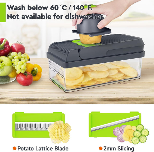 MealHelper 12-in-1 Vegetable Chopper, 7 Blade Veggie Chopper, Practical Food Chopper with Container, Cheese Grater, Home Essentials & Kitchen