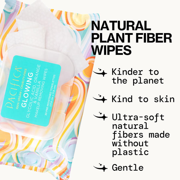 Pacifica Beauty | Glowing Makeup Remover Wipes | Gycolic Acid, Coconut Water, Aloe Infused | Daily Cleansing + Exfoliating | Clean Skin Care |