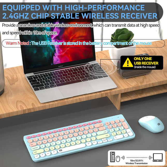 FD Wireless Keyboards and Mouse Combo - 2.4Ghz USB Cordless, Cute Wireless Keyboard round Keys, Quiet and Slim Set for L