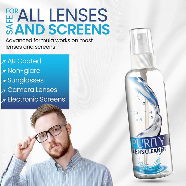 Purity Eyeglass Lens Cleaner Kit - 2 x 8oz and 1 x 2oz Lens Cleaner Spray Bottle + 2 Microfiber Cleaning Cloths - Safe for All Lenses (AR Coated